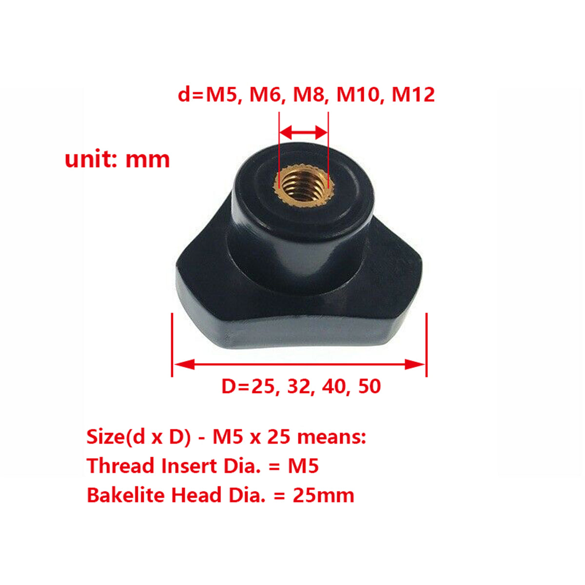 Triangle Shaped Bakelite Clamping Knob with M5 M6 M8 M10 M12 Female Thread Brass Insert