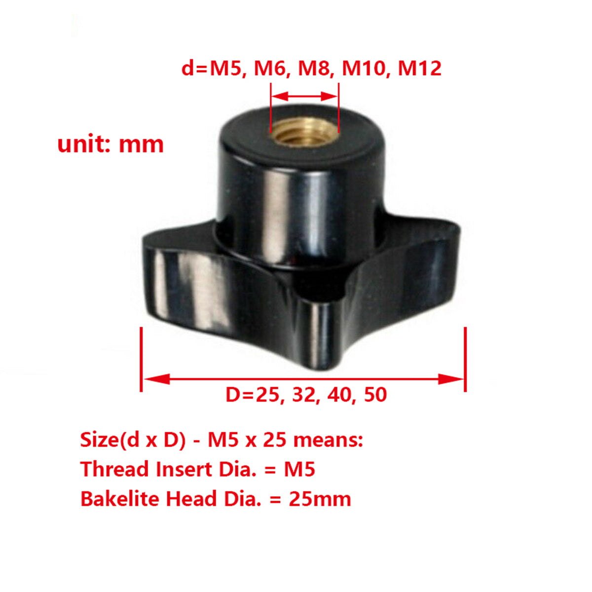Four Star 4 Lobe Cross Head Bakelite Knob with M5 M6 M8 M10 M12 Female Thread Brass Insert