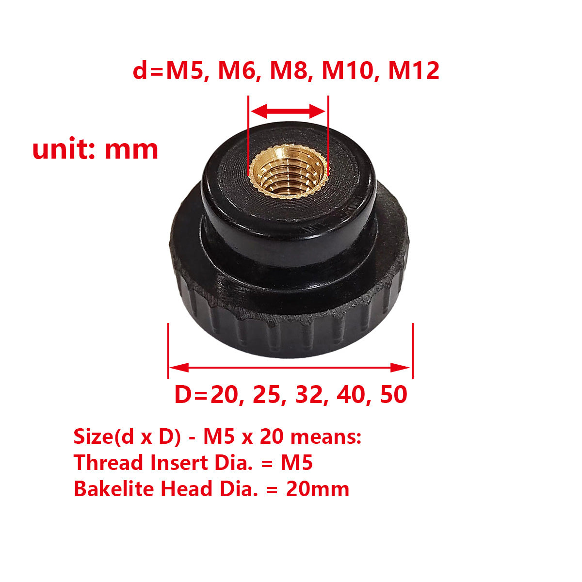 Knurled Round Shaped Bakelite Clamping Knob with M5 M6 M8 M10 M12 Female Thread Brass Insert