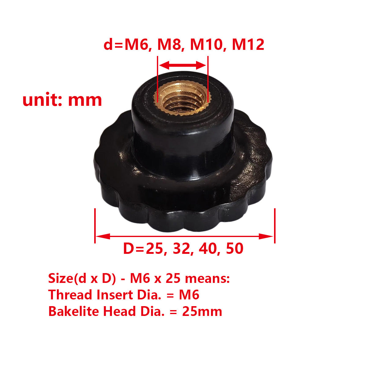 Knurled Shaped Bakelite Knob with M6 M8 M10 M12 Female Thread Brass Insert