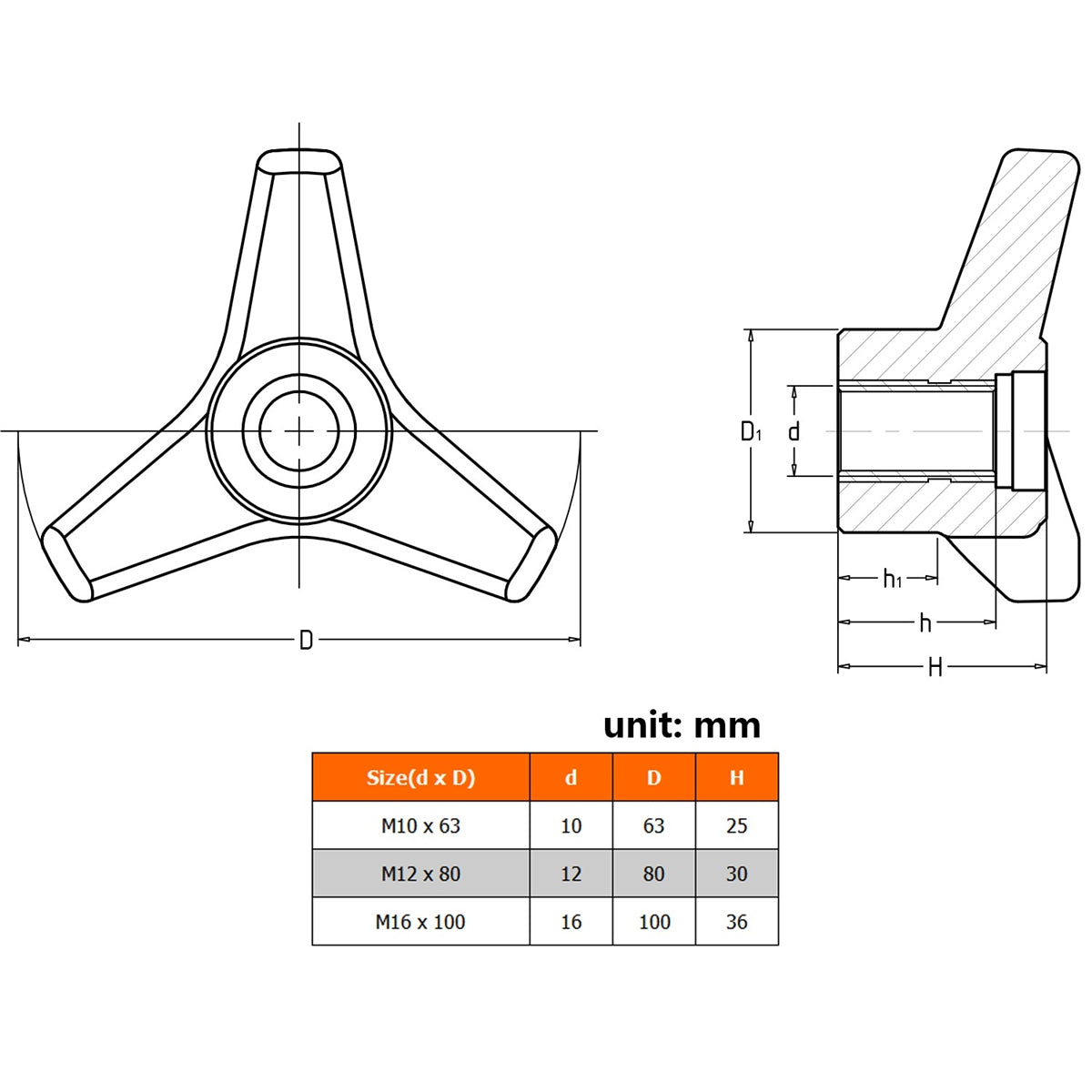 Triangle Arrow Shaped 3 Lobe Plastic Clamping Knob with M10 M12 M16 Female Thread Brass Insert