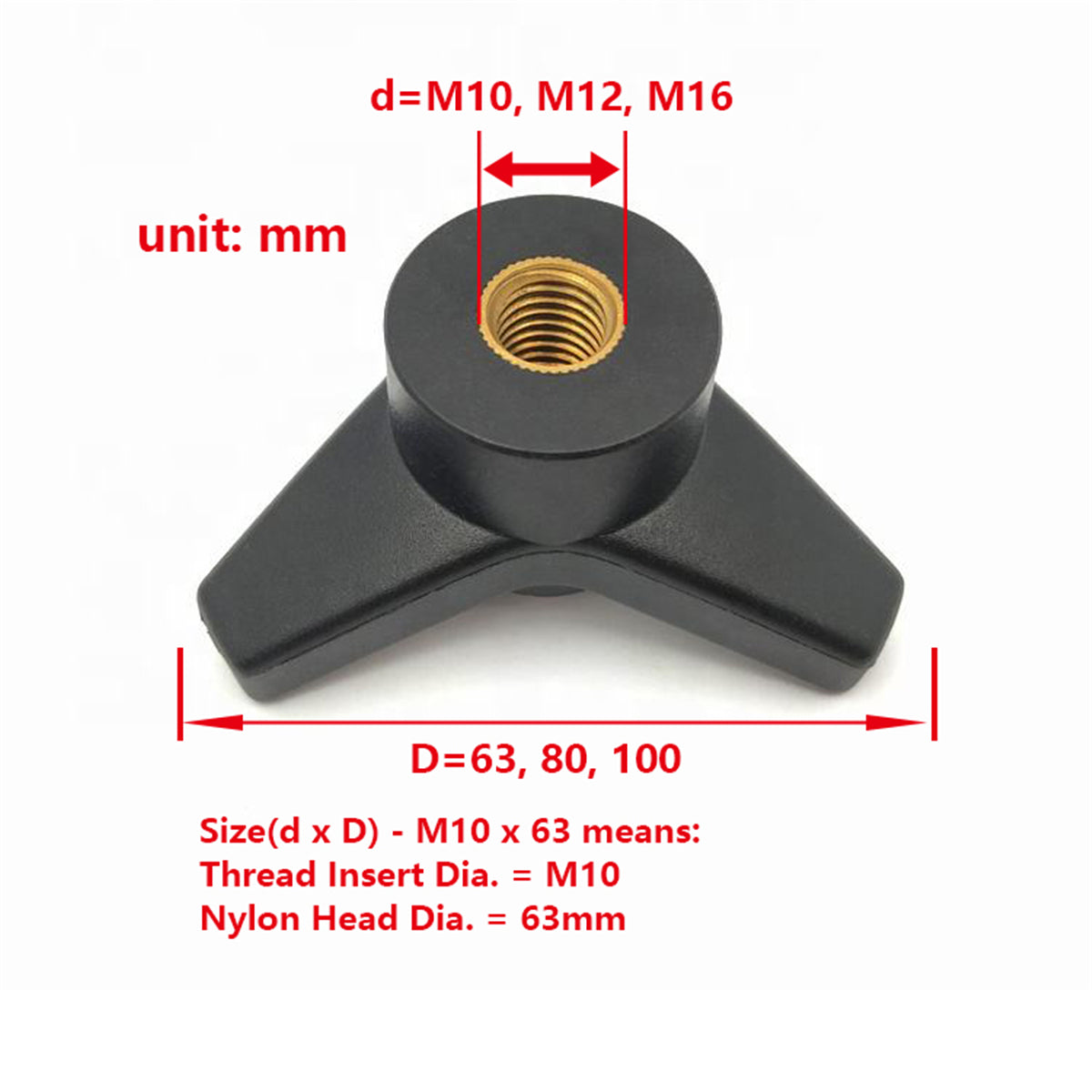Triangle Arrow Shaped 3 Lobe Plastic Clamping Knob with M10 M12 M16 Female Thread Brass Insert