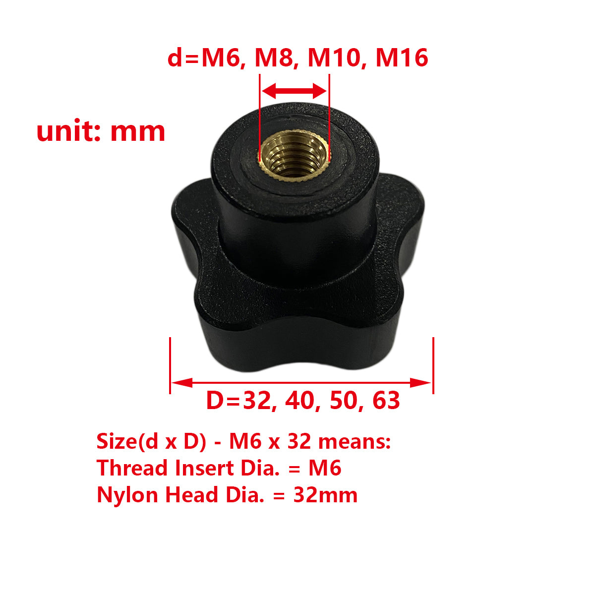 Five Star Knob 5 Lobe Plastic Handle with M6 M8 M10 M16 Female Thread Brass Insert