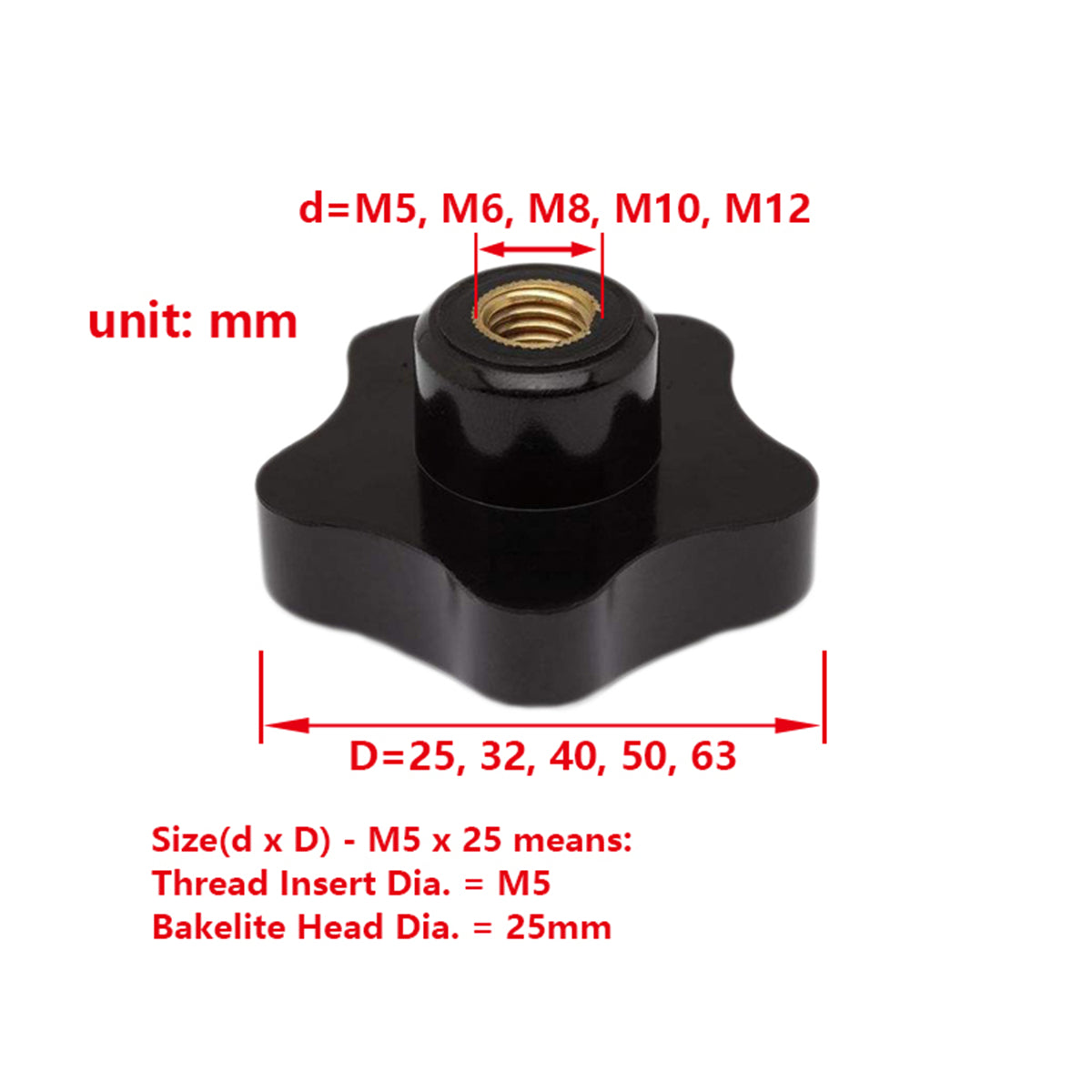 Five Star 5-Lobe Bakelite Knob with M5 M6 M8 M10 M12 Female Thread Brass Insert