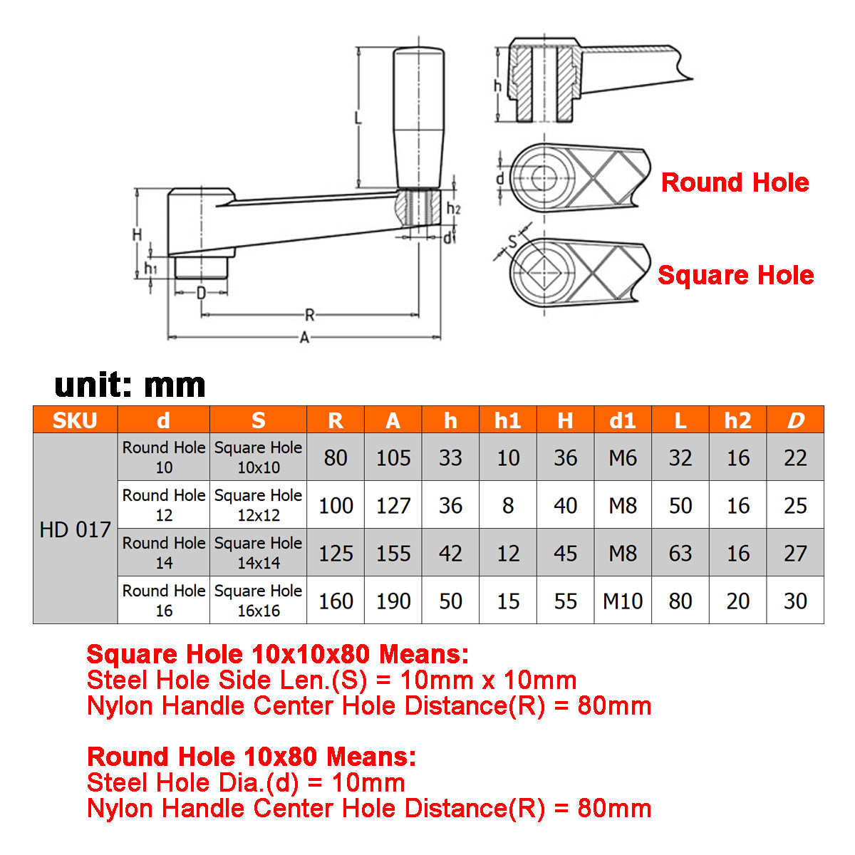 Nylon Crank Handle with Round or Square Installation Hole and a Revolving Handle