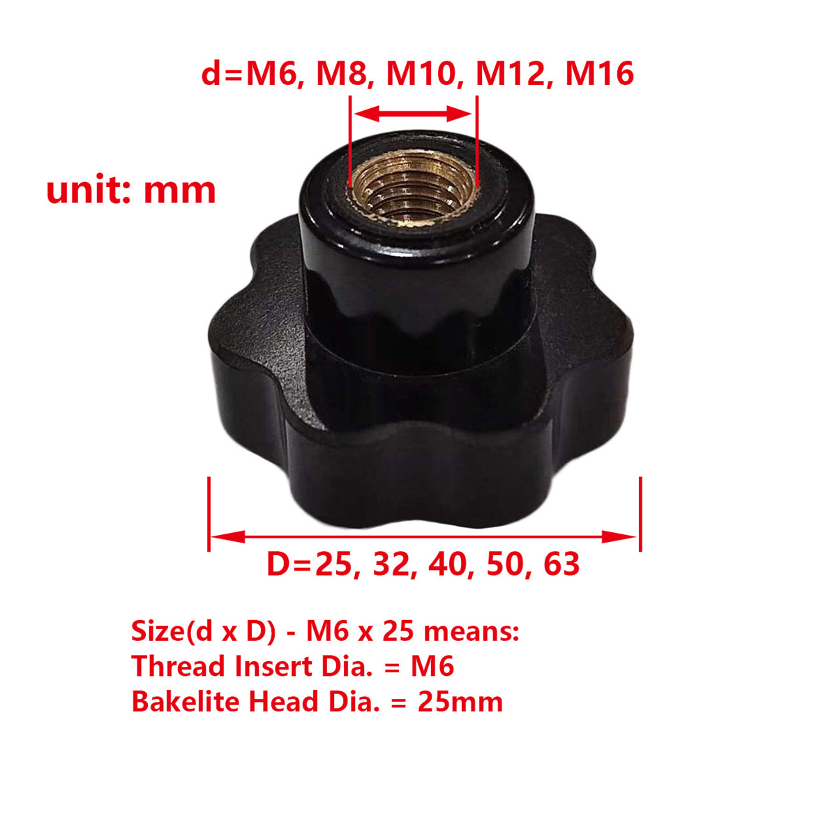 Seven Star 7-Lobe Bakelite Knob Star Knob With M6 M8 M10 M12 M16 Female Thread